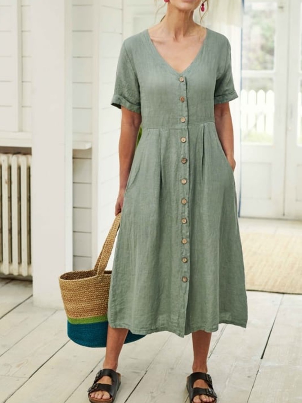 Woolovers Button Through Linen Dress in Verdigris